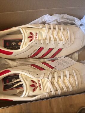 adidas White Sneakers with Red Three-Stripe Accents - Men's